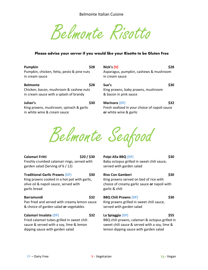 Menu, Belmonte Italian Cuisine