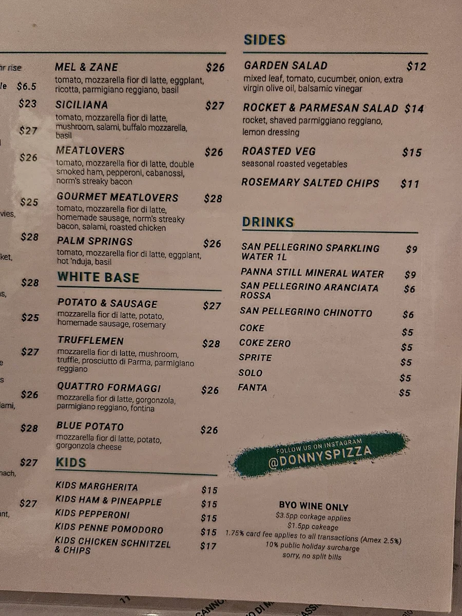 Menu, Donny's Pizza Abbotsford