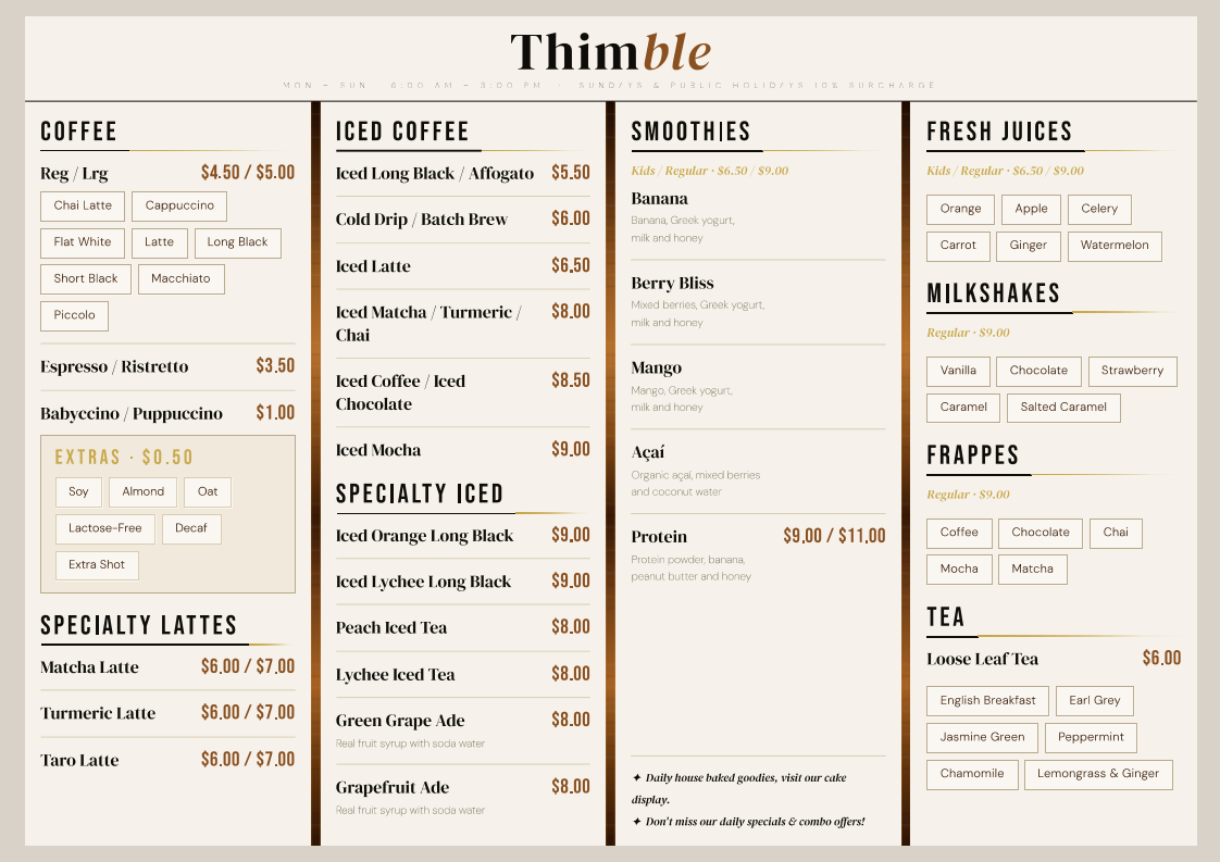 Menu, Thimble Cafe