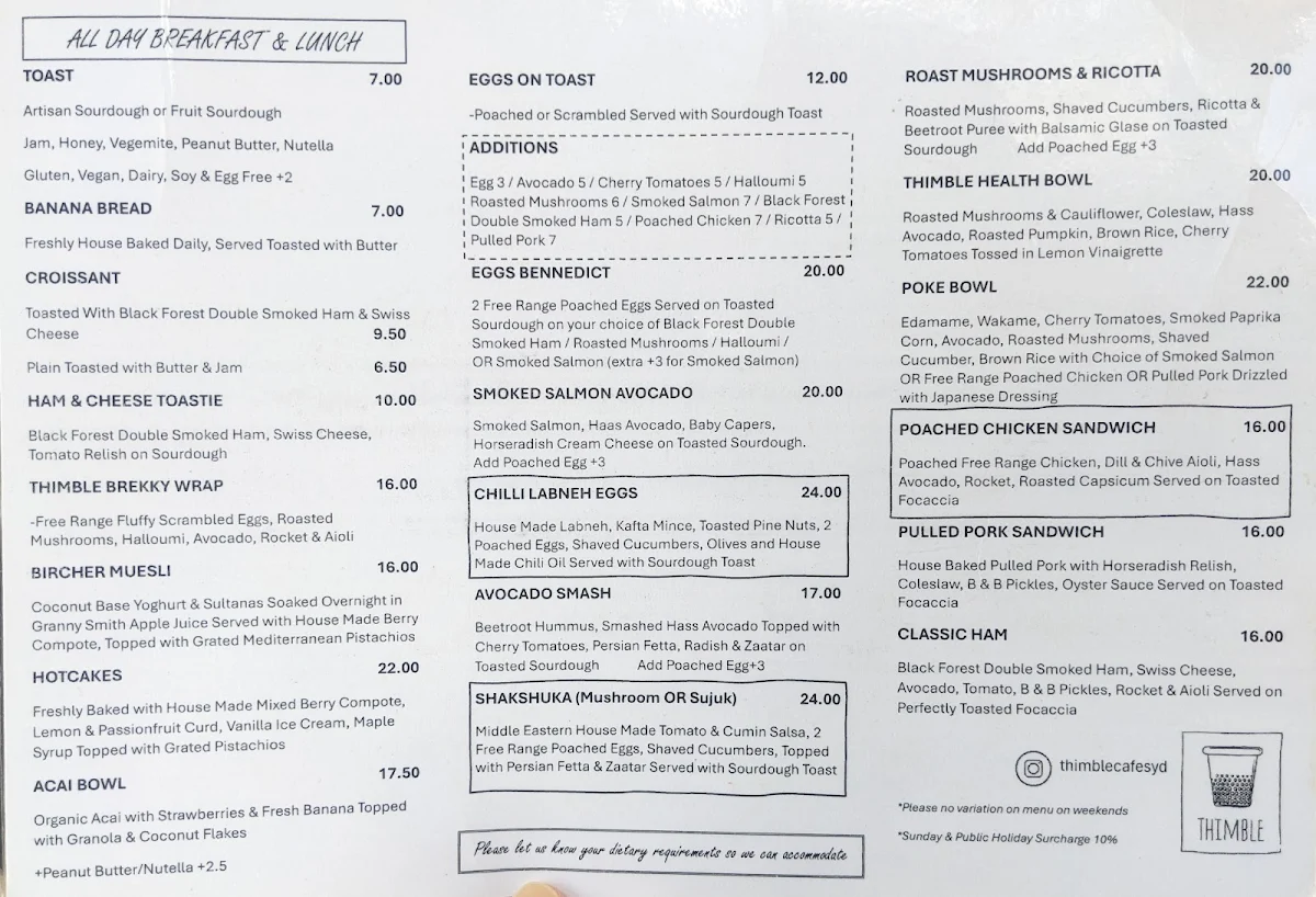 Menu, Thimble Cafe