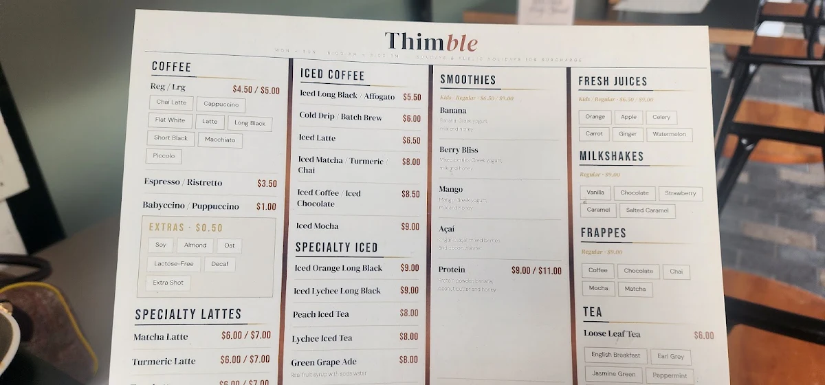 Menu, Thimble Cafe
