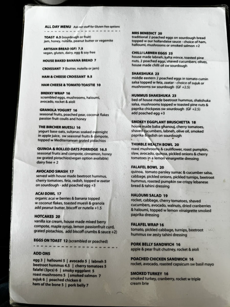 Menu, Thimble Cafe