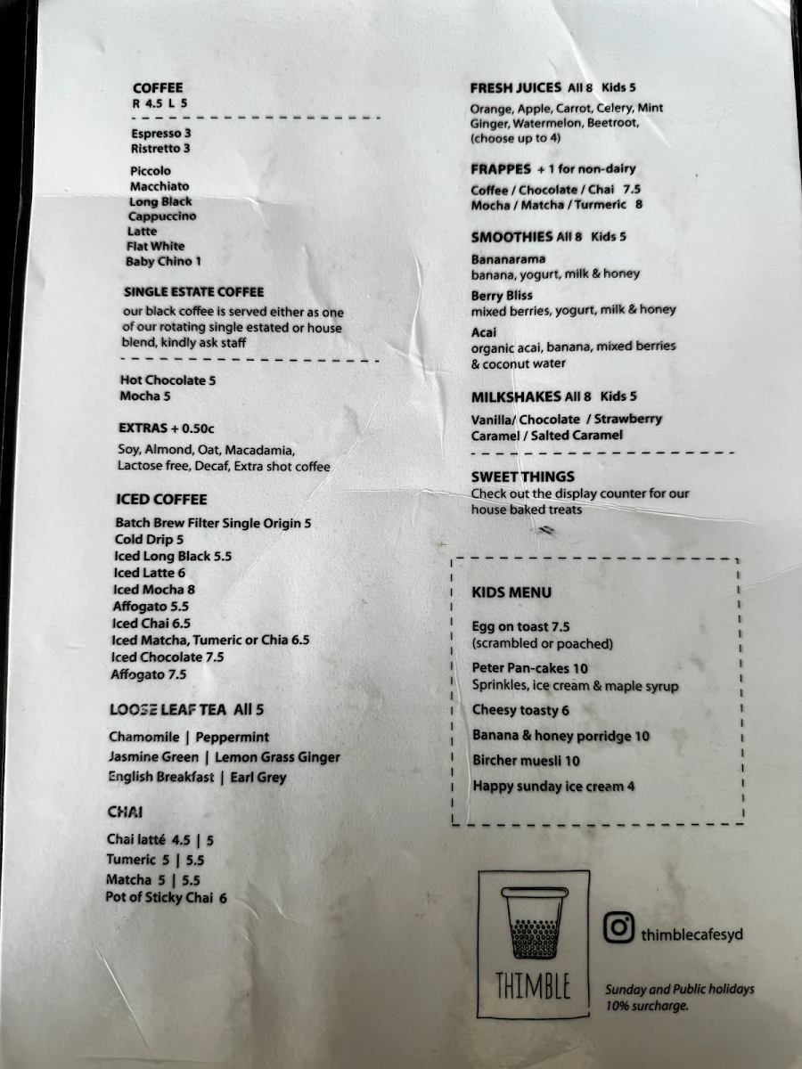 Menu, Thimble Cafe