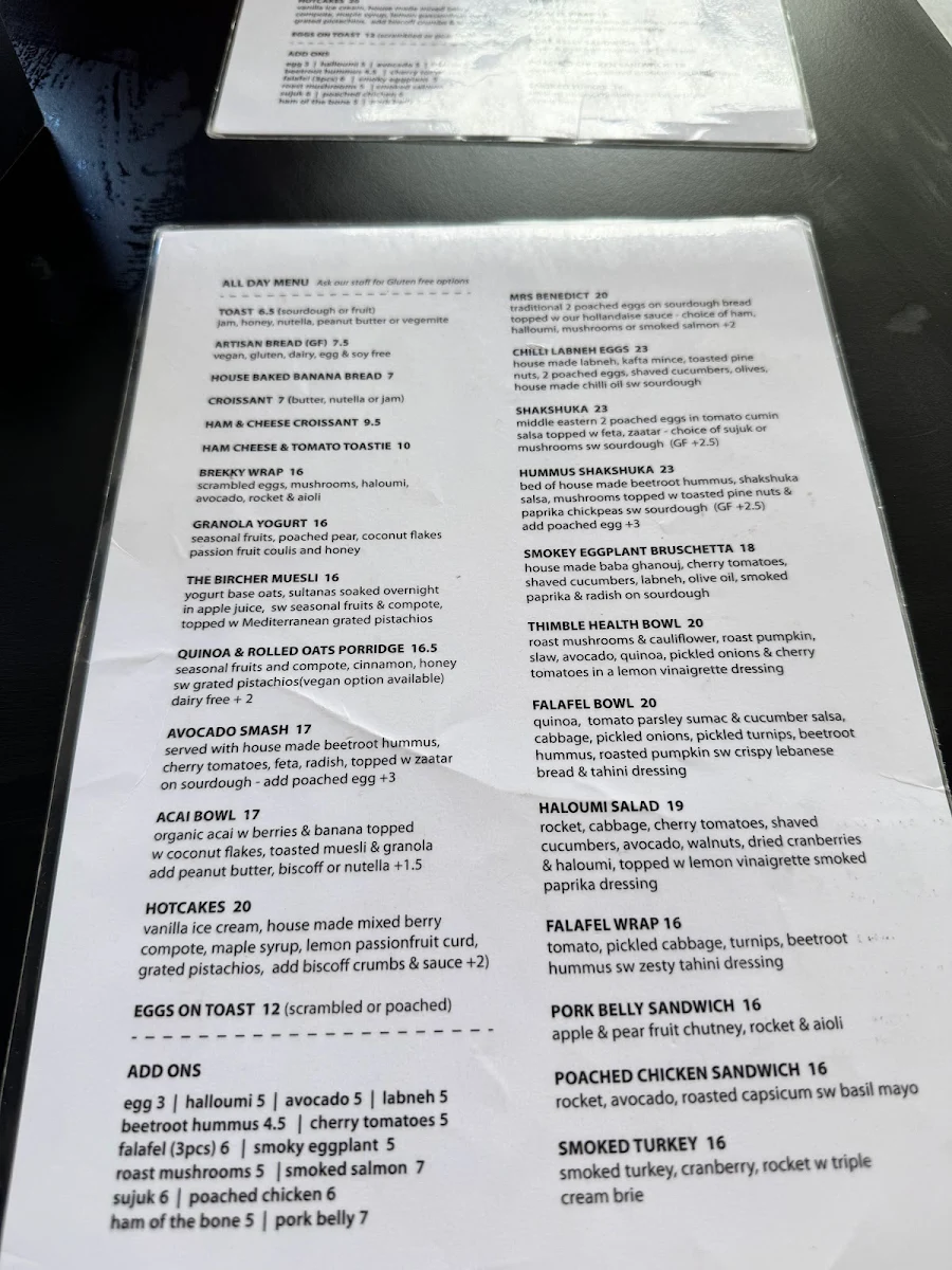 Menu, Thimble Cafe