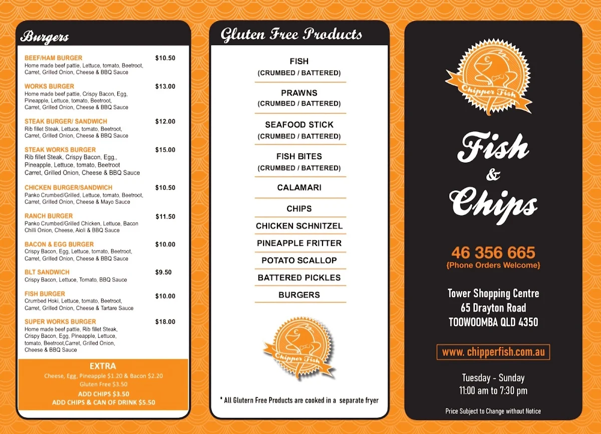 Menu, Chipper Fish Toowoomba