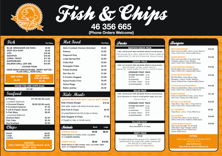 Menu, Chipper Fish Toowoomba