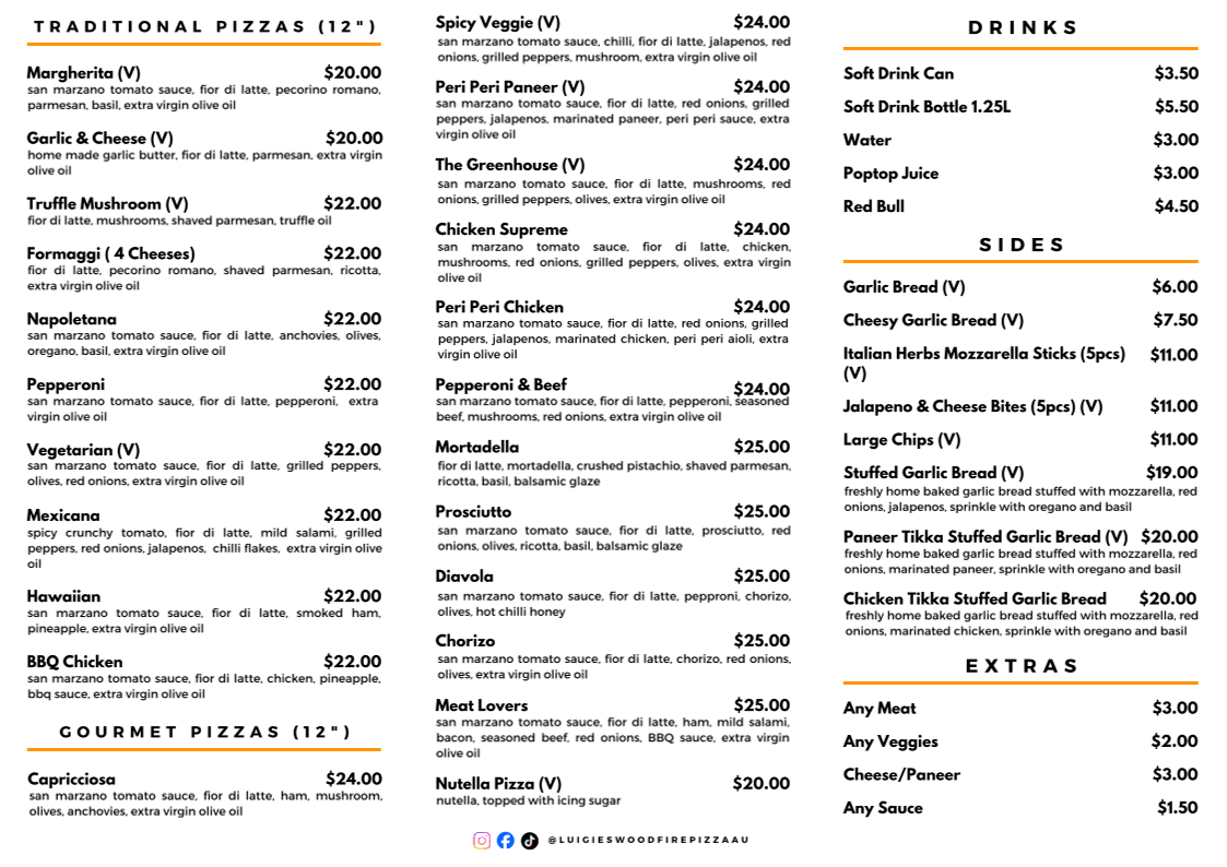 Menu, Luigies Woodfire Pizza