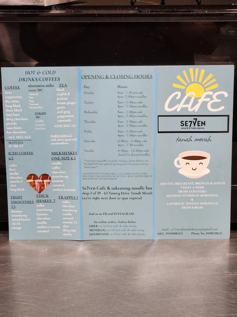 Menu, Se7ven Cafe & Takeaway noodle bar