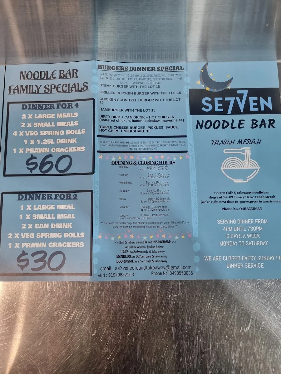 Menu, Se7ven Cafe & Takeaway noodle bar