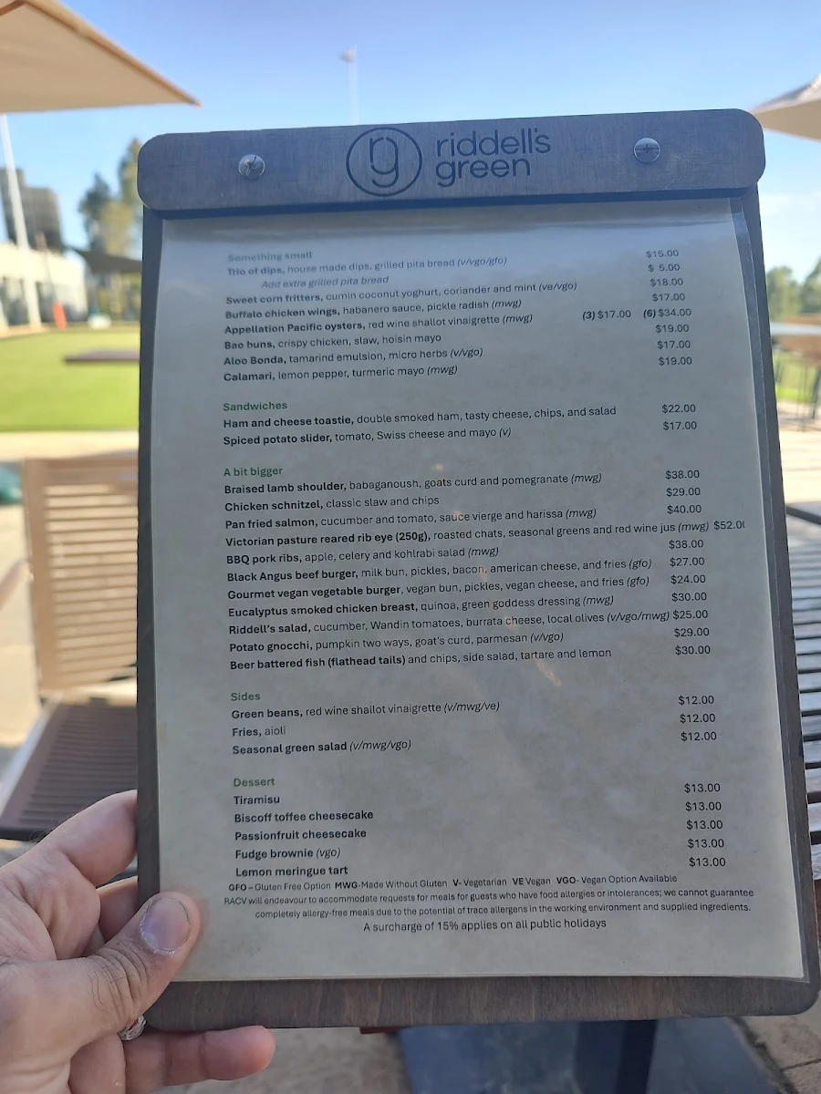 Menu, Riddell's Green at RACV Healesville Country Club & Resort