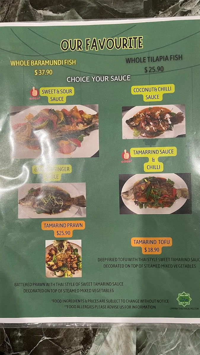 Menu, Ummah Thai Melton