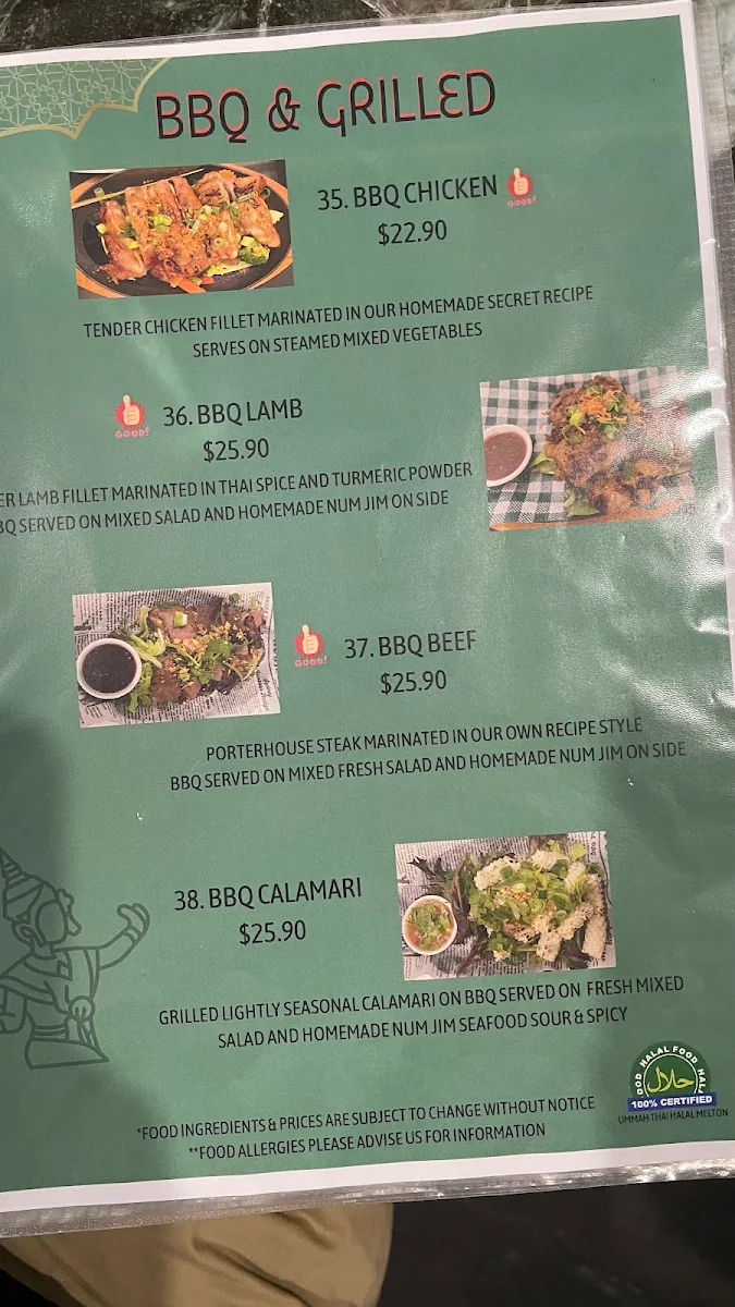 Menu, Ummah Thai Melton