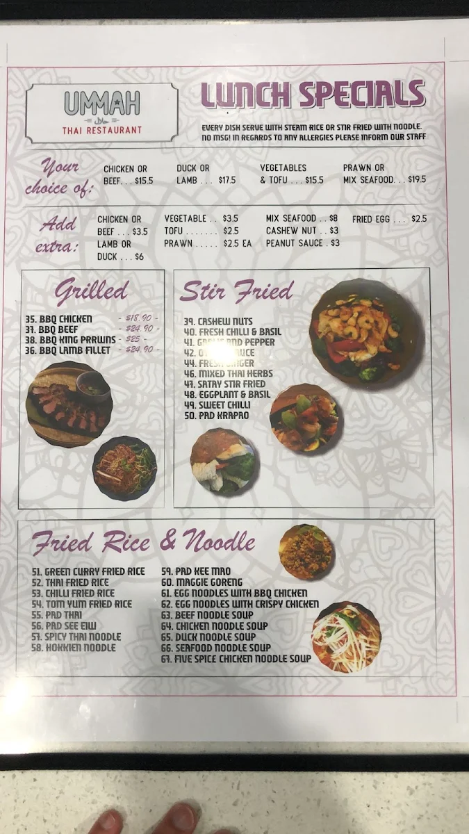 Menu, Ummah Thai Melton