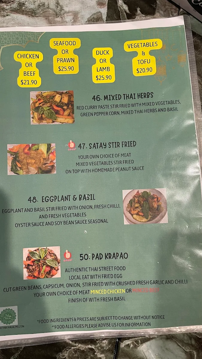 Menu, Ummah Thai Melton