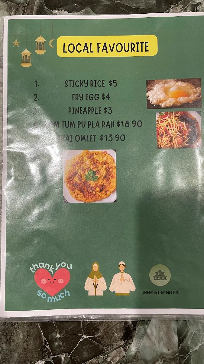 Menu, Ummah Thai Melton