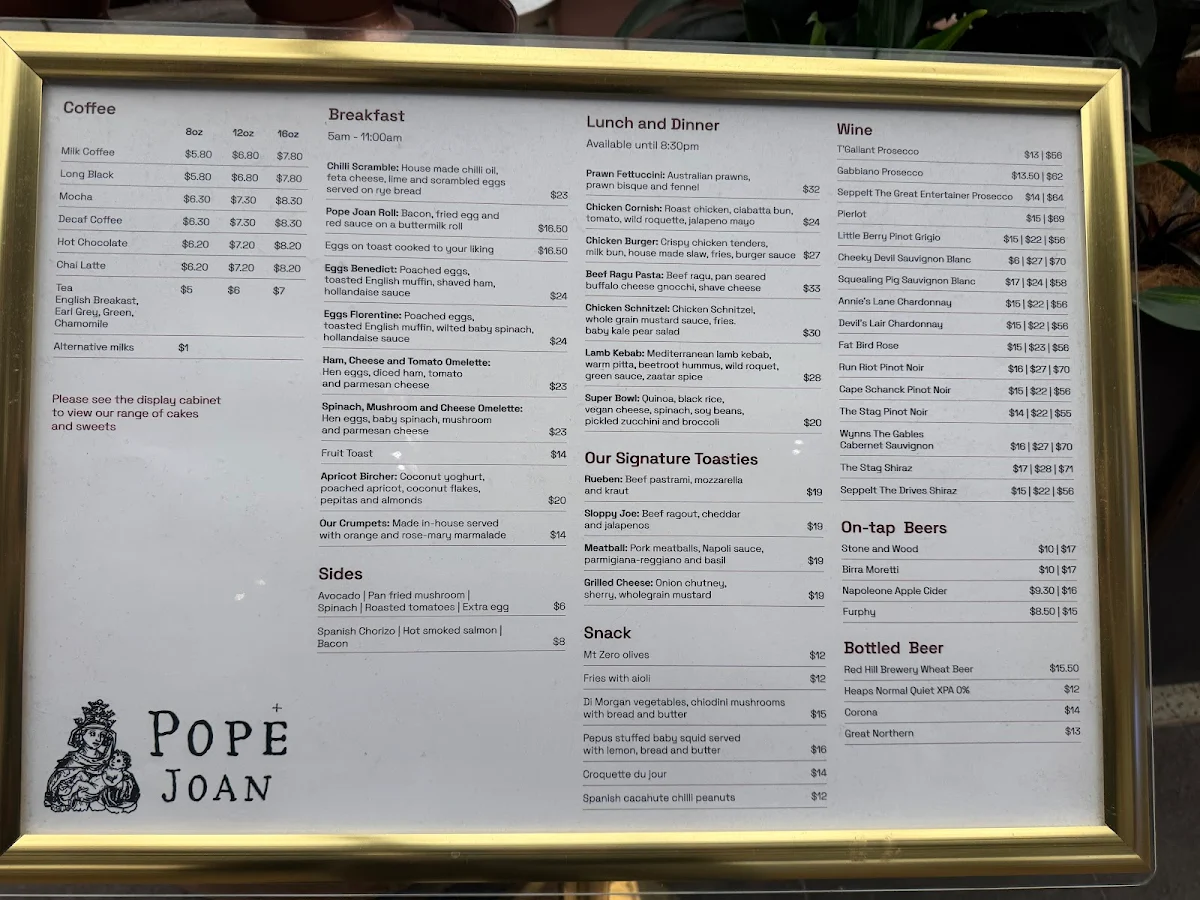 Menu, Little Lygon (Formerly Pope Joan)