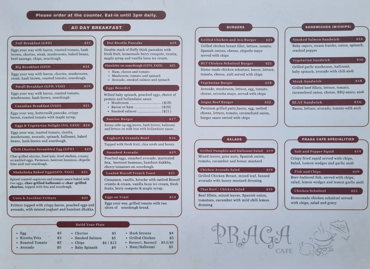Menu, Praga Cafe