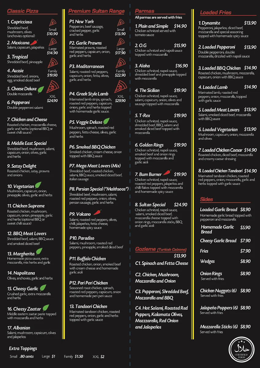 Menu, Sultan Pizza