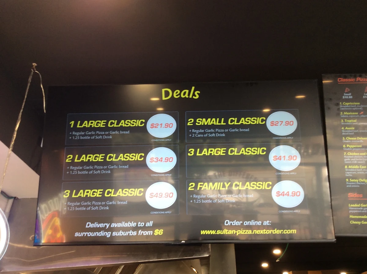 Menu, Sultan Pizza