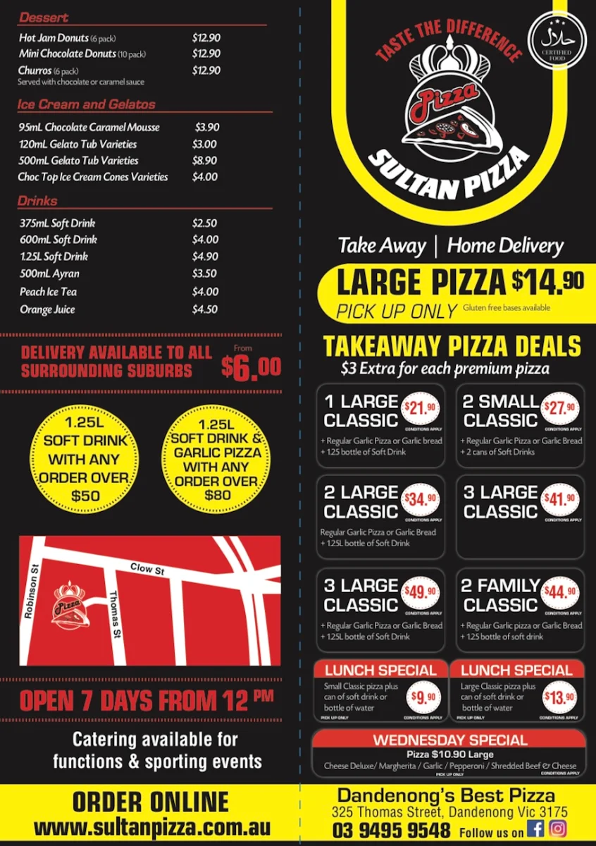 Menu, Sultan Pizza