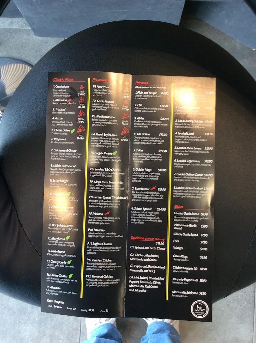 Menu, Sultan Pizza