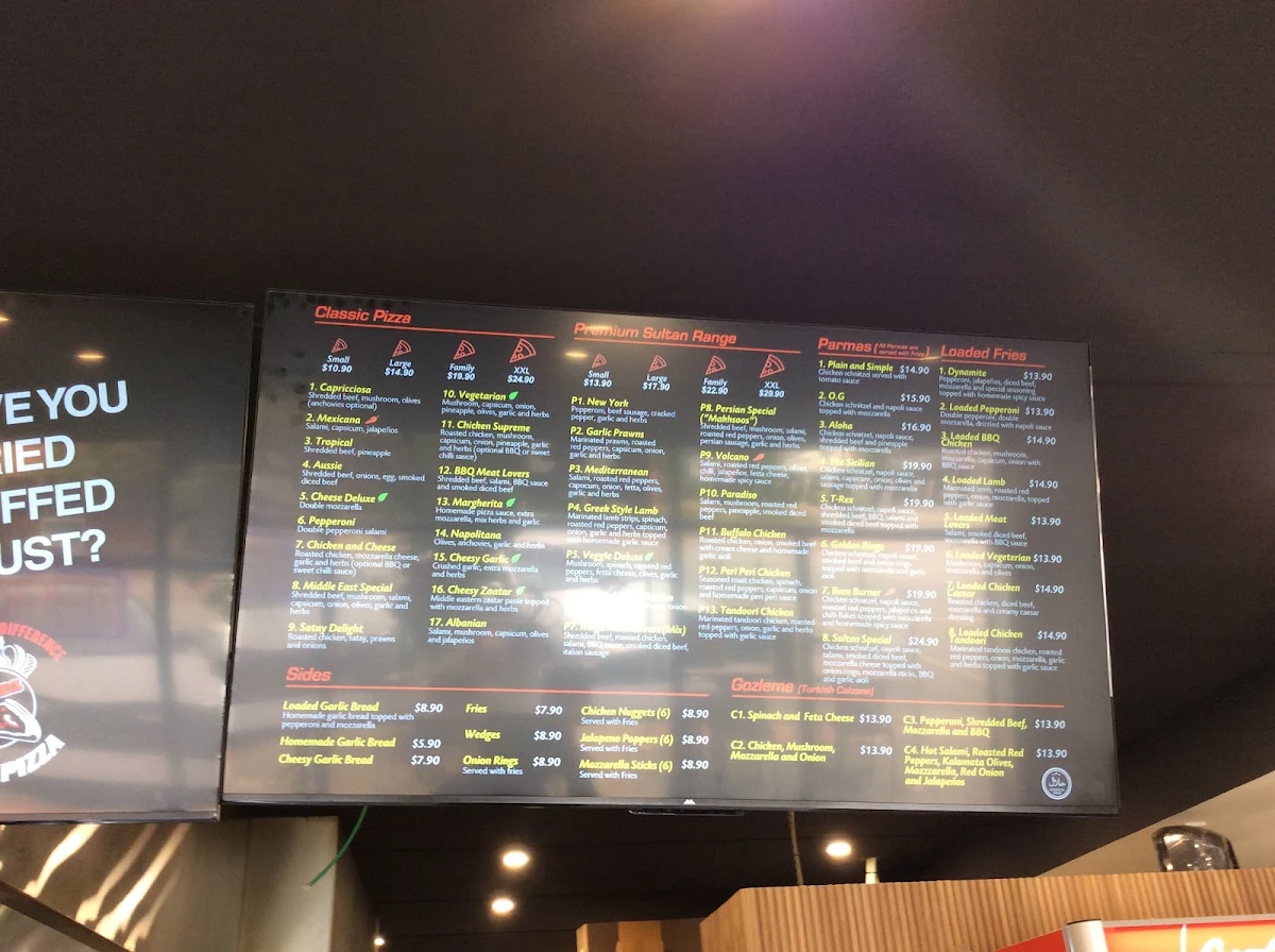 Menu, Sultan Pizza