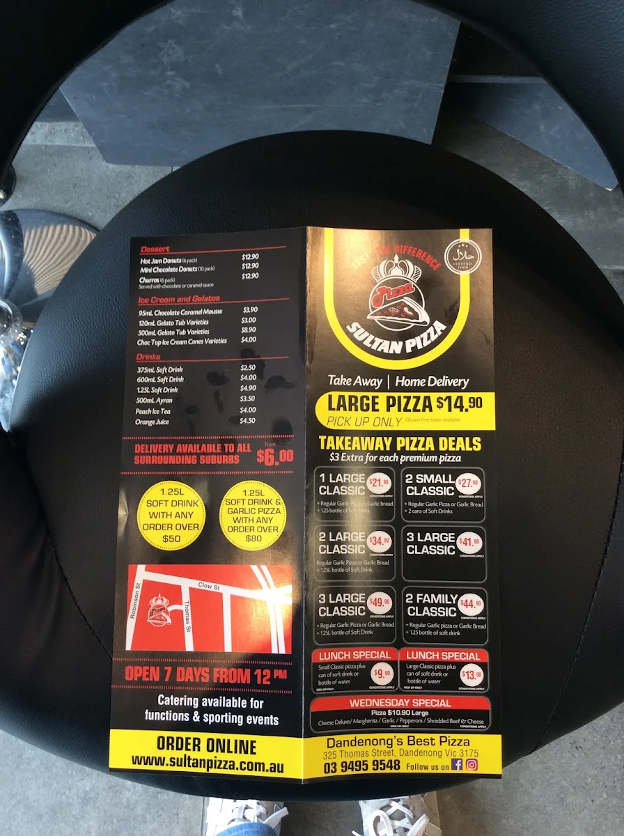 Menu, Sultan Pizza