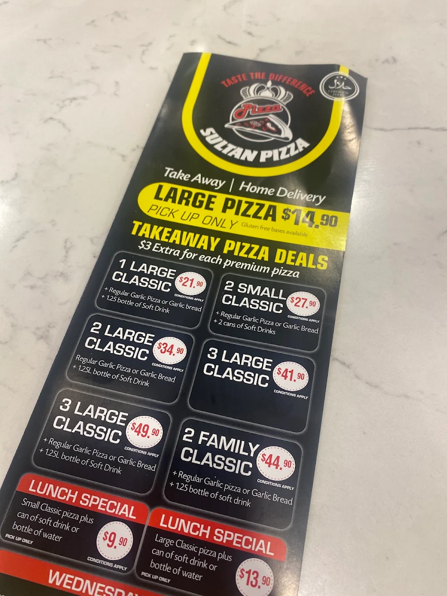 Menu, Sultan Pizza