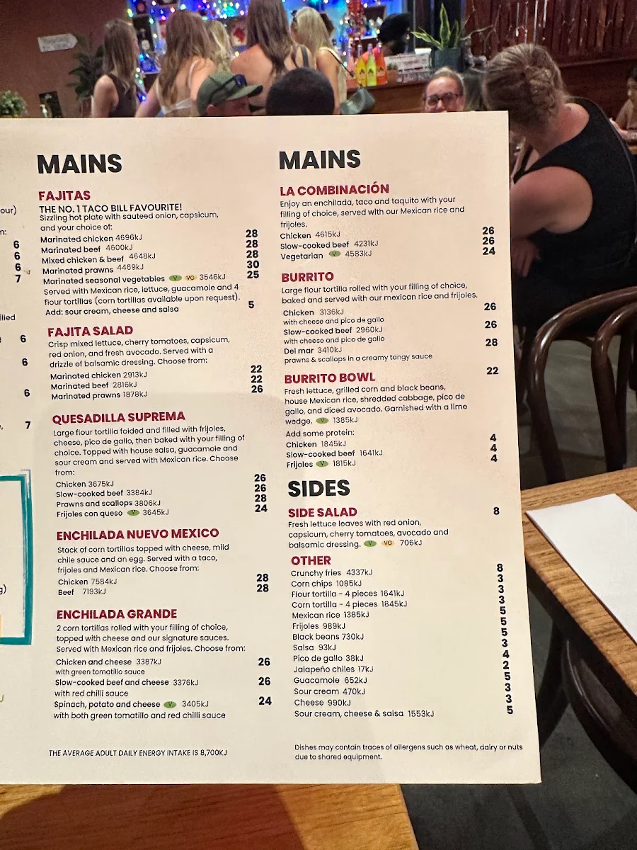 Menu, Taco Bill - Collins St