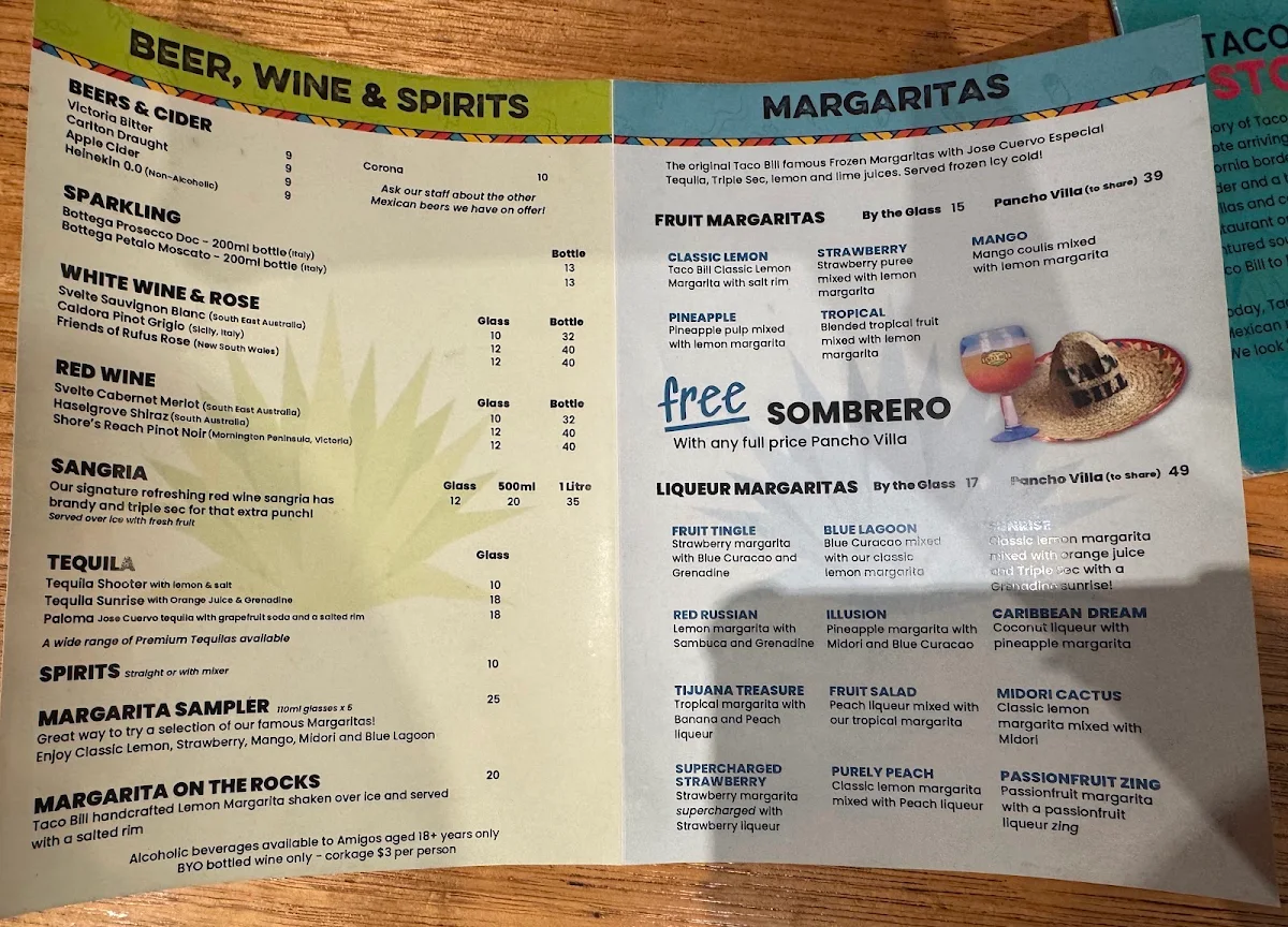 Menu, Taco Bill - Collins St