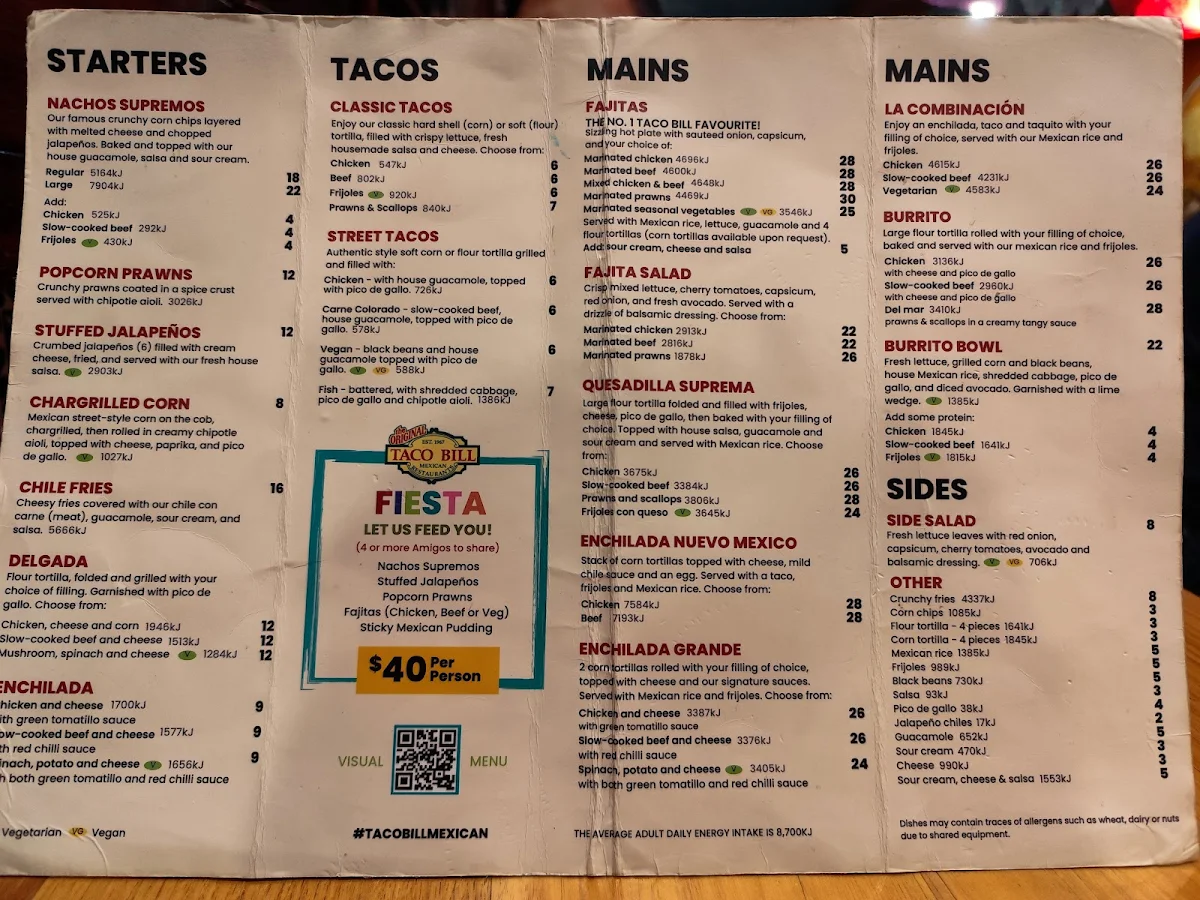 Menu, Taco Bill - Collins St