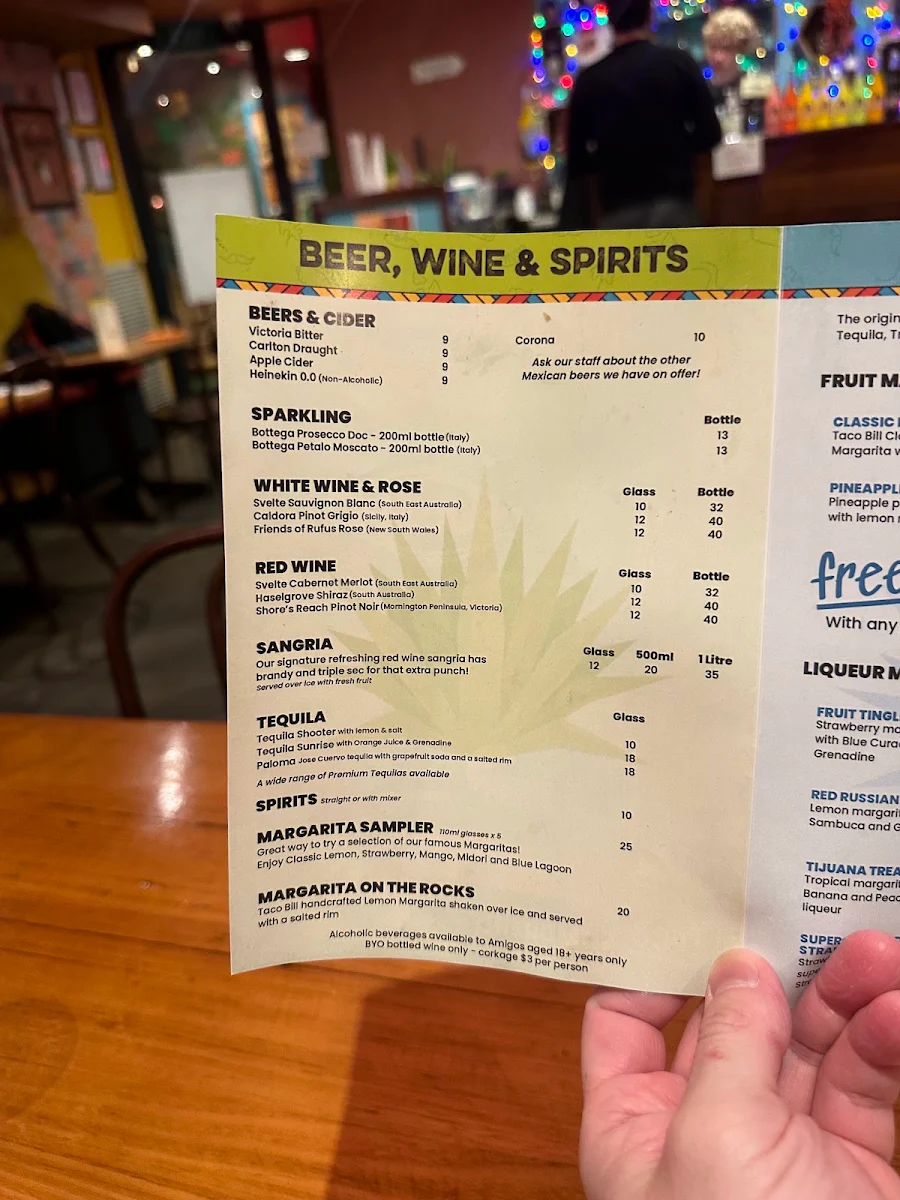 Menu, Taco Bill - Collins St