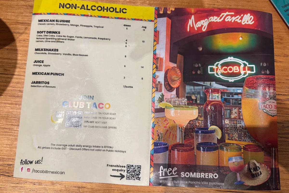 Menu, Taco Bill - Collins St