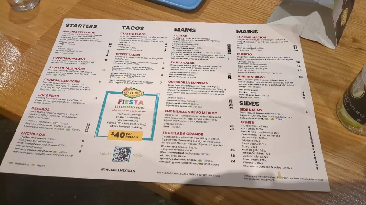 Menu, Taco Bill - Collins St