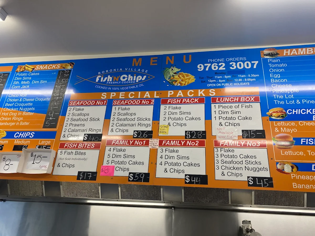 Menu, Boronia Village Fish & Chips