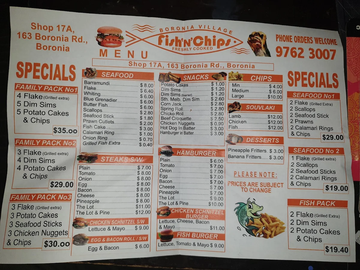 Menu, Boronia Village Fish & Chips