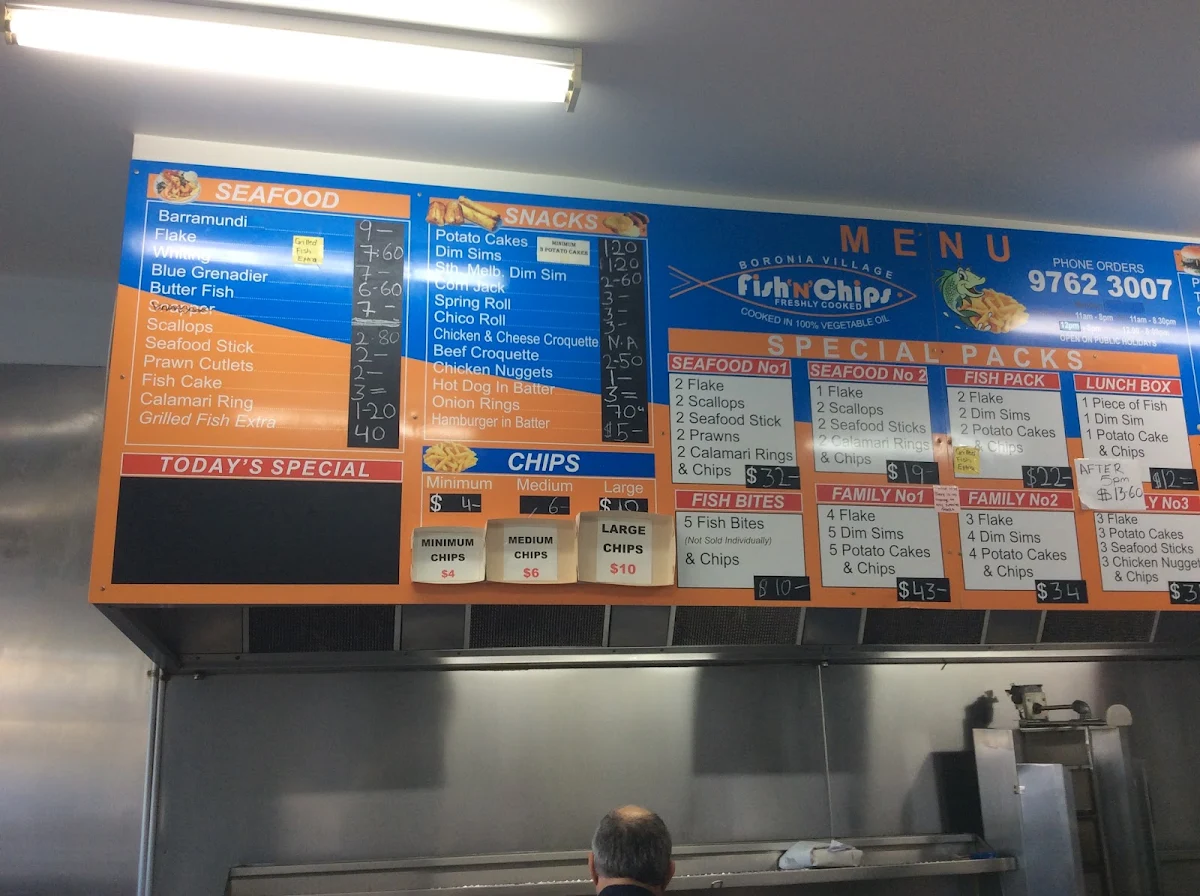 Menu, Boronia Village Fish & Chips