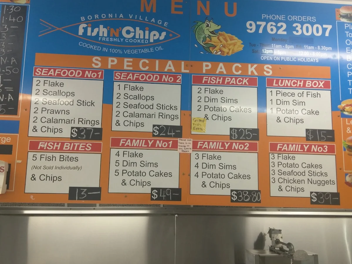 Menu, Boronia Village Fish & Chips