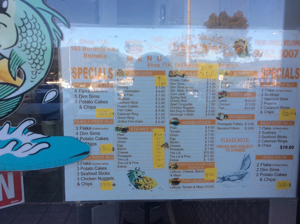 Menu, Boronia Village Fish & Chips
