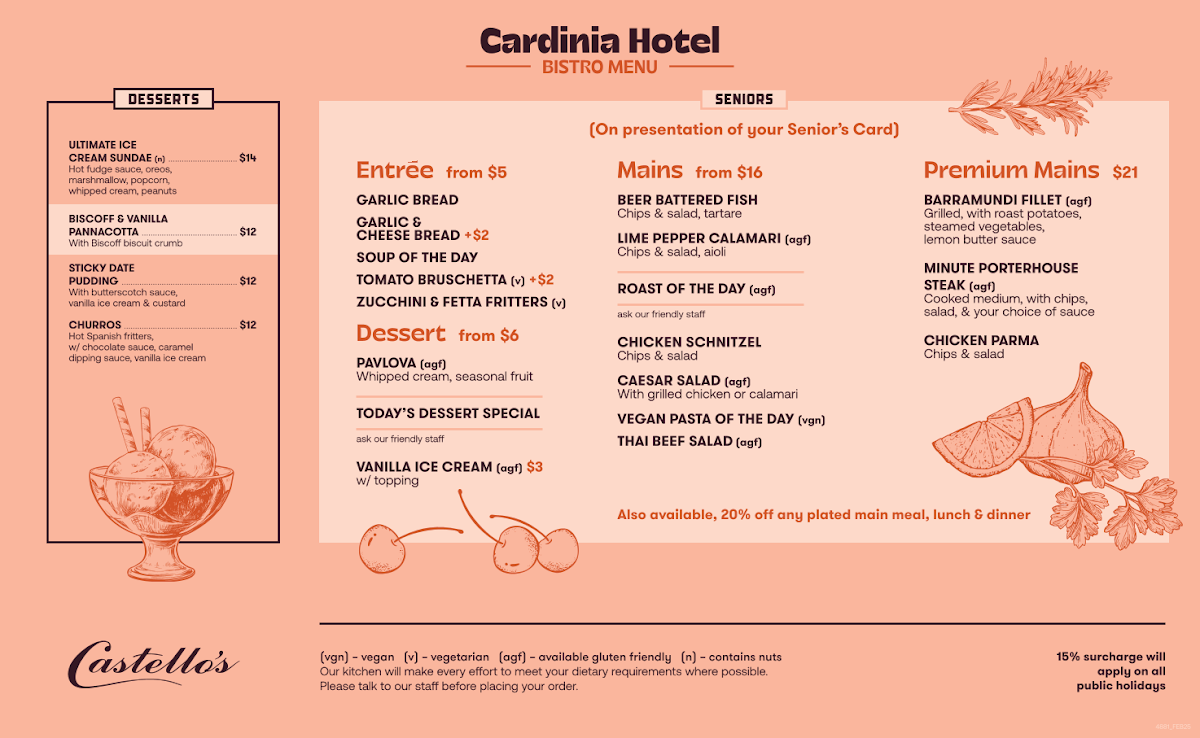 Menu, Castello's Cardinia Hotel