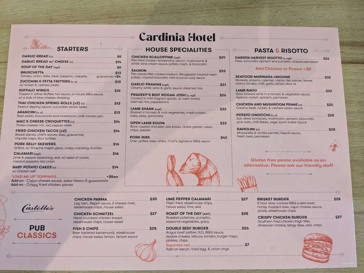 Menu, Castello's Cardinia Hotel