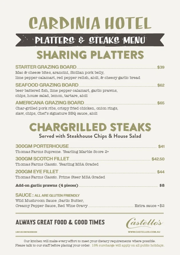 Menu, Castello's Cardinia Hotel