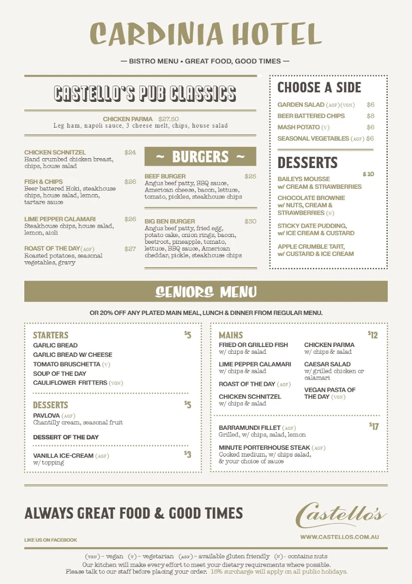 Menu, Castello's Cardinia Hotel