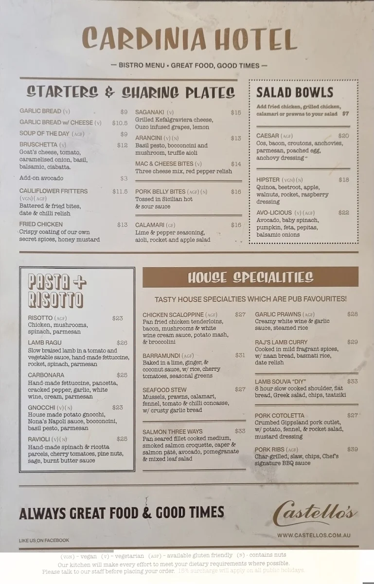 Menu, Castello's Cardinia Hotel