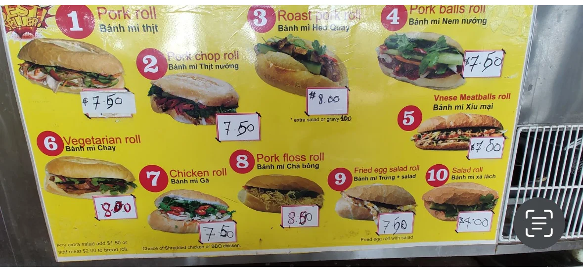 Menu, Bill's Takeaway