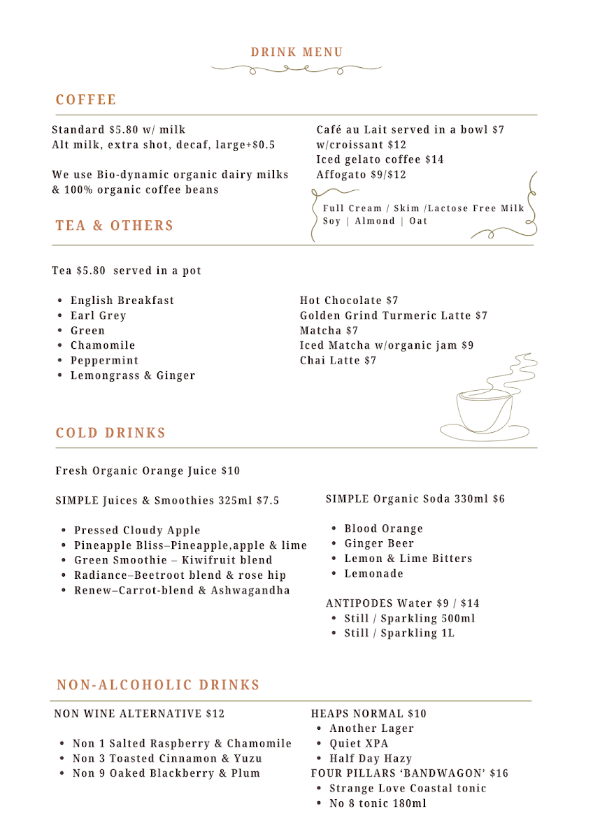 Menu, Jour Cafe & Store