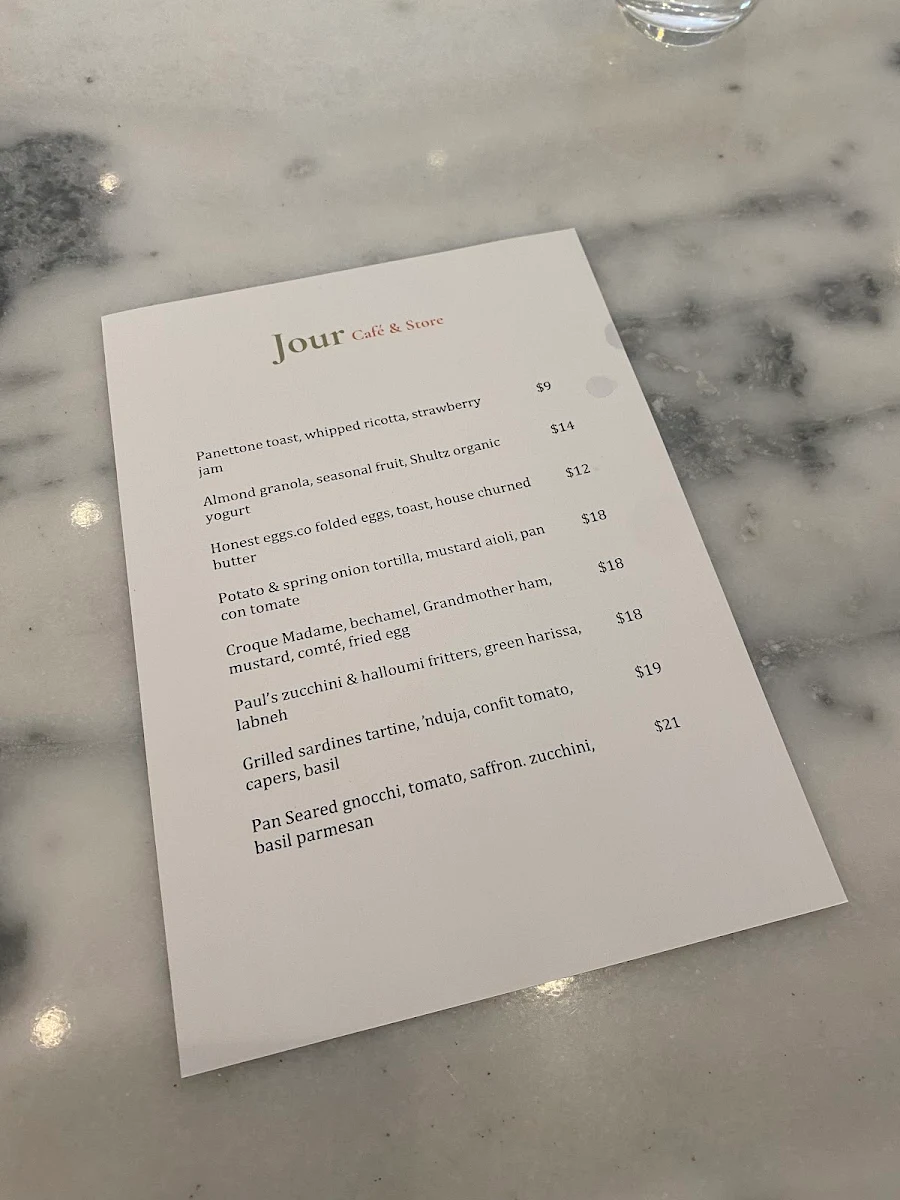 Menu, Jour Cafe & Store