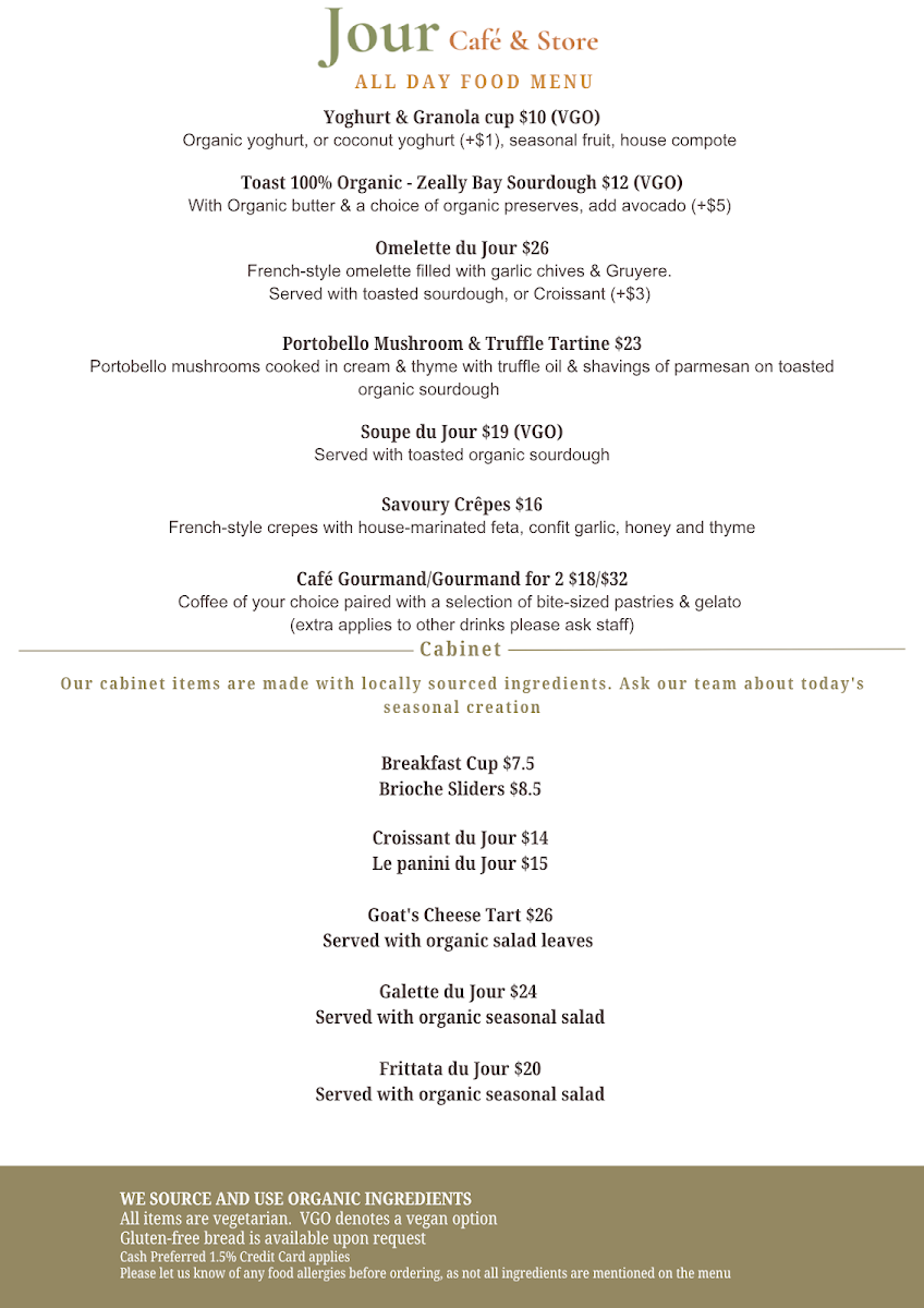 Menu, Jour Cafe & Store