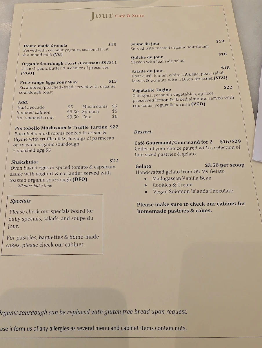 Menu, Jour Cafe & Store