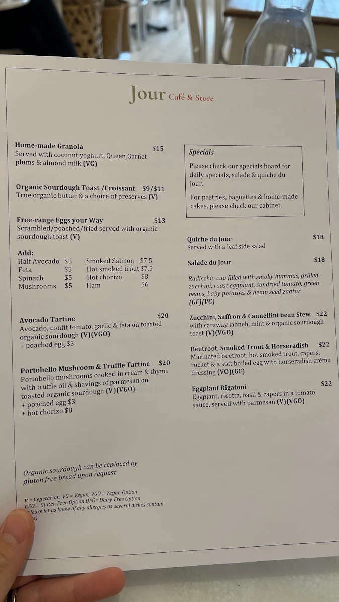 Menu, Jour Cafe & Store